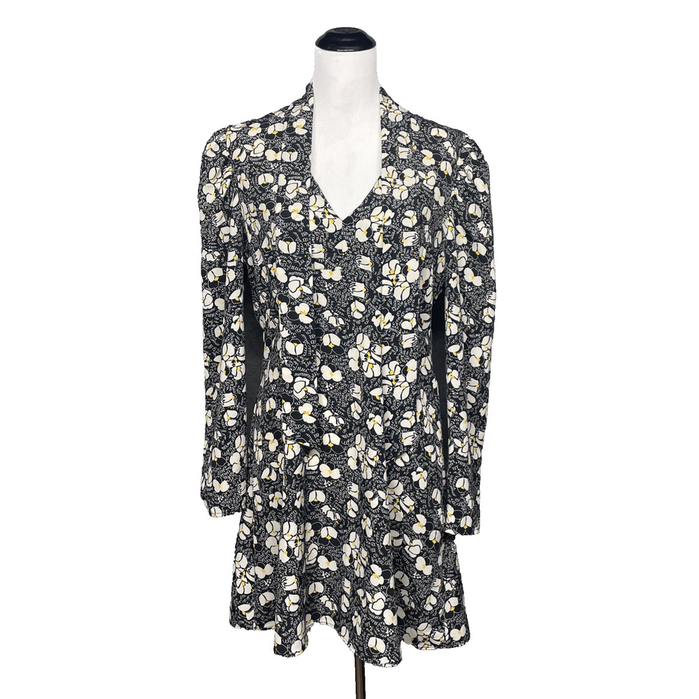Topshop Sz 12 Black Floral Mini Dress V-Neck Tie Puff Long Slv Boho Chic Romance